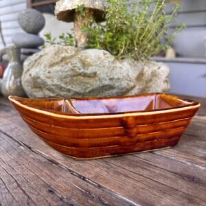 Vintage Hall Pottery Shrimp Boat Serving Dish, Brown Glaze, 7 inches, USA #1145